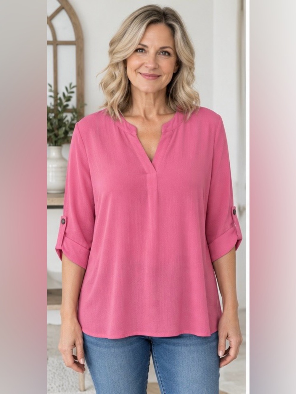 Dear Scarlett Pink Split V-Neck Roll-Tab Sleeve Tunic NWT